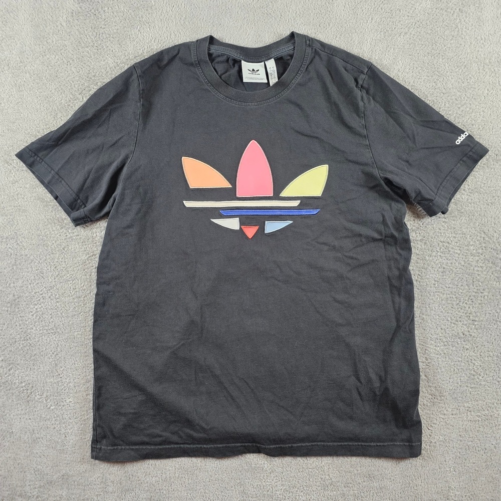 Adidas Originals Mens Trefoil Graphic T-Shirt Black Multi Color Logo Large Faded